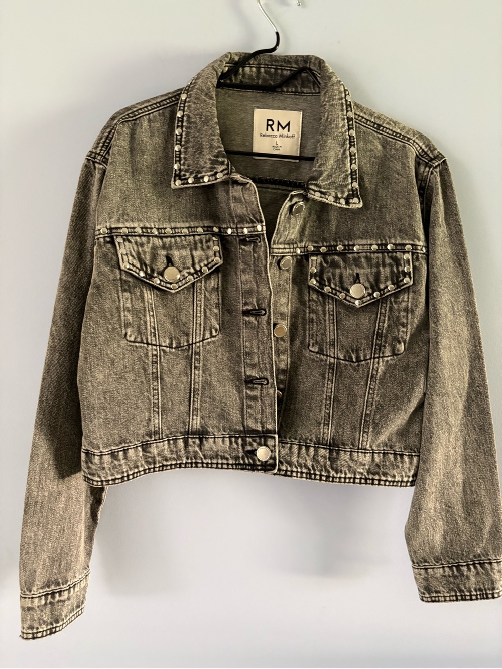 Rebecca Minkoff Washed Black Cropped Studded Denim Jacket